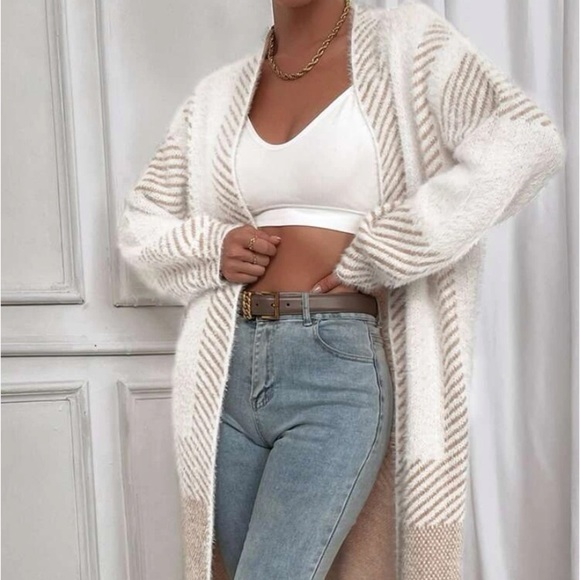 New striped open front long cardigan sweater - Picture 3 of 12